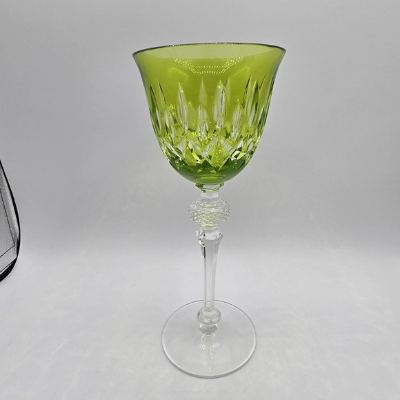 Vtg Crystal Wine Goblet Glass Green Cut Glass Unknown Maker